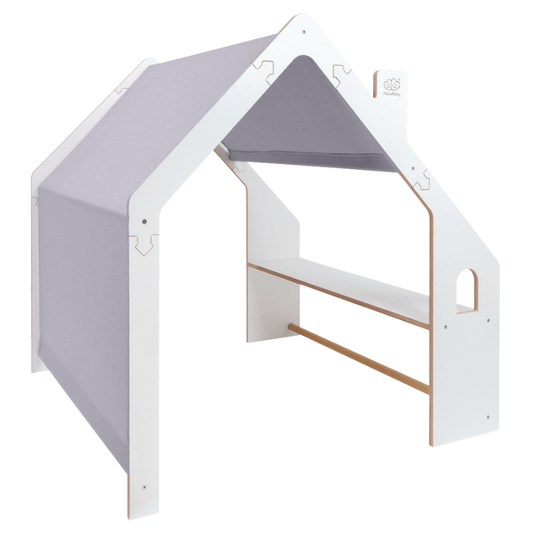 Bílý dřevěný domeček pro děti - Modrá střecha