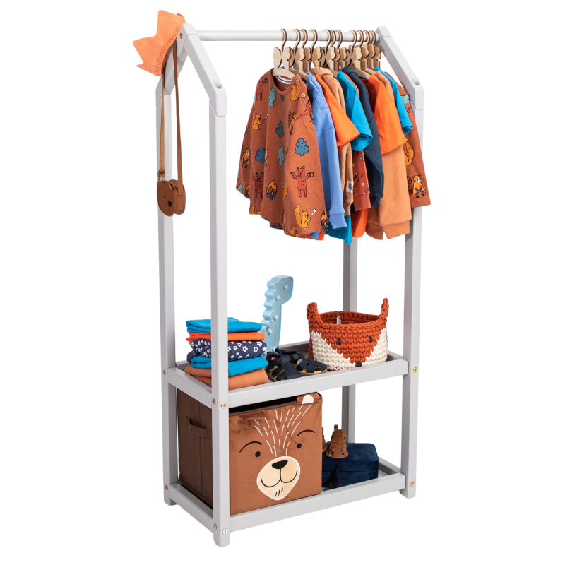 Dětský věšák na oblečení ve tvaru domečku s úložným prostorem