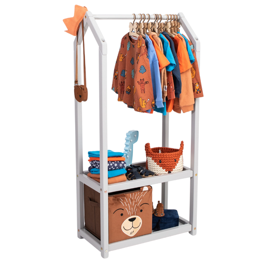 Dětský věšák na oblečení ve tvaru domečku s úložným prostorem