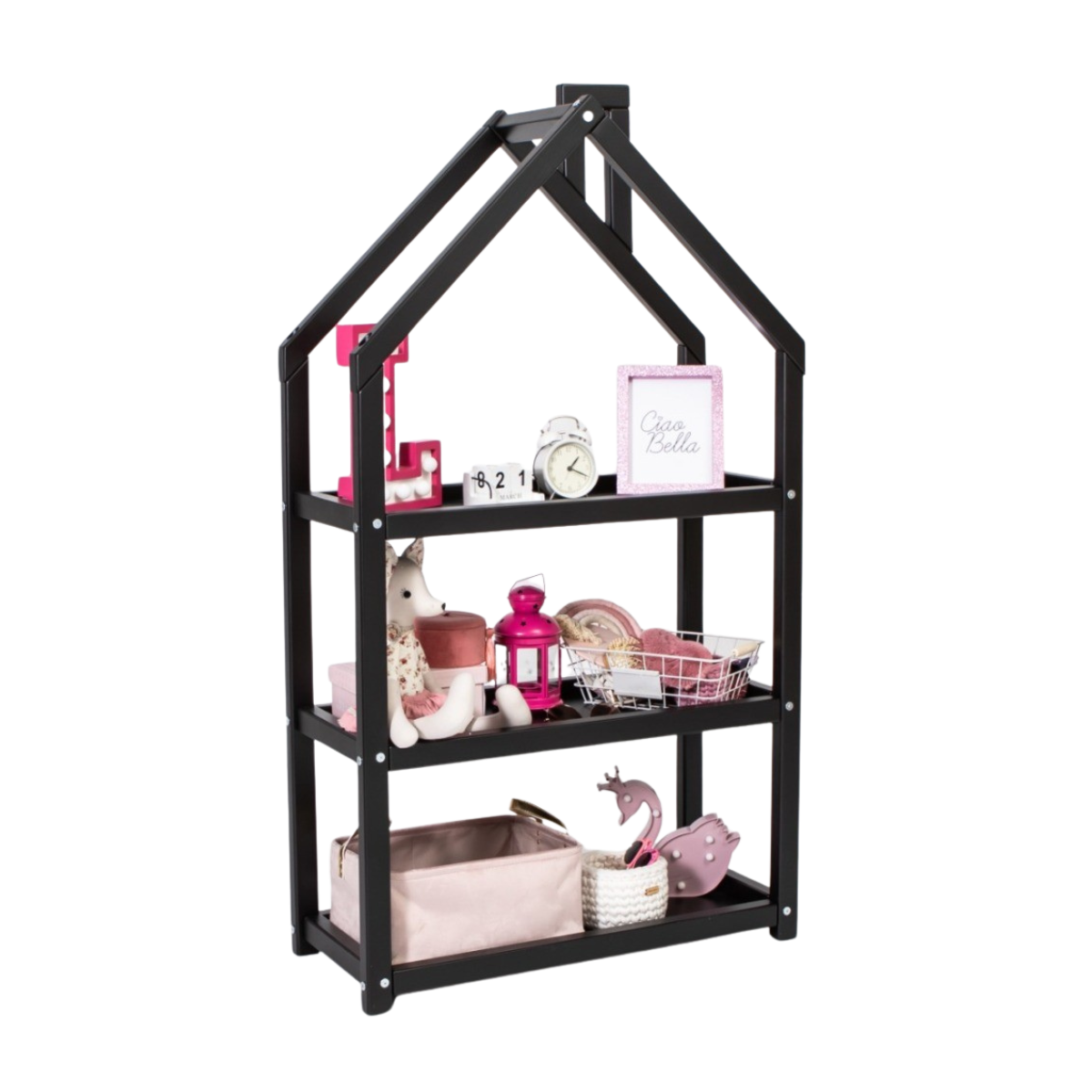 Volně stojící masivní police ve tvaru domečku