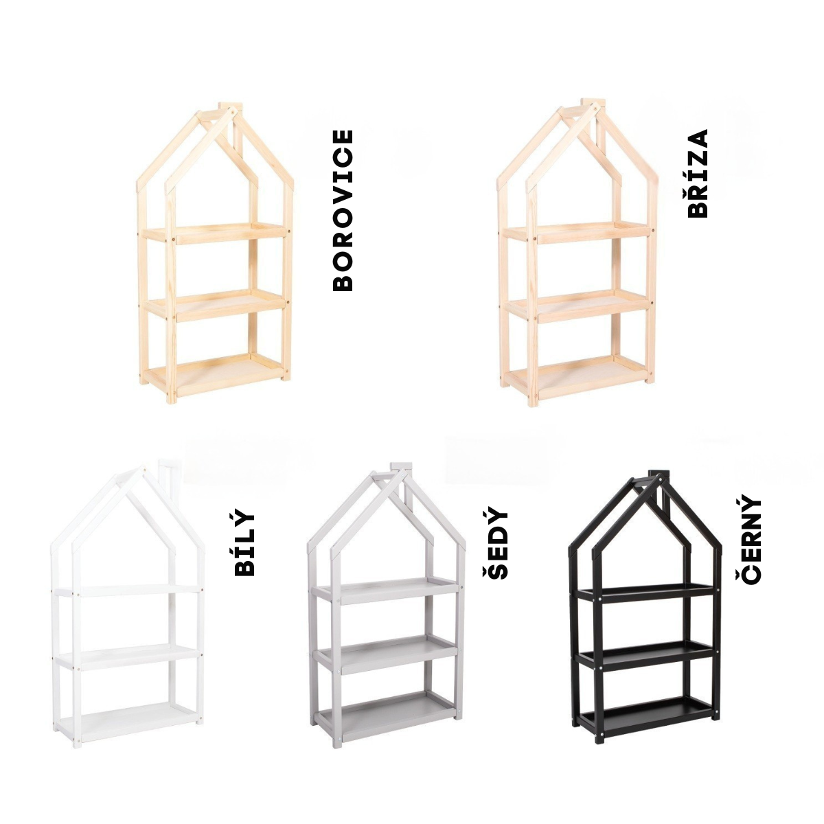 Volně stojící masivní police ve tvaru domečku