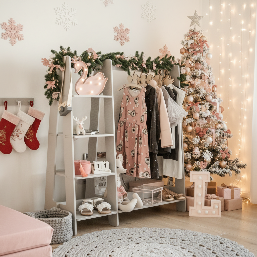 Dětský dřevěný stojan na oblečení s úložným prostorem