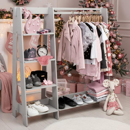 Dětský dřevěný stojan na oblečení s úložným prostorem